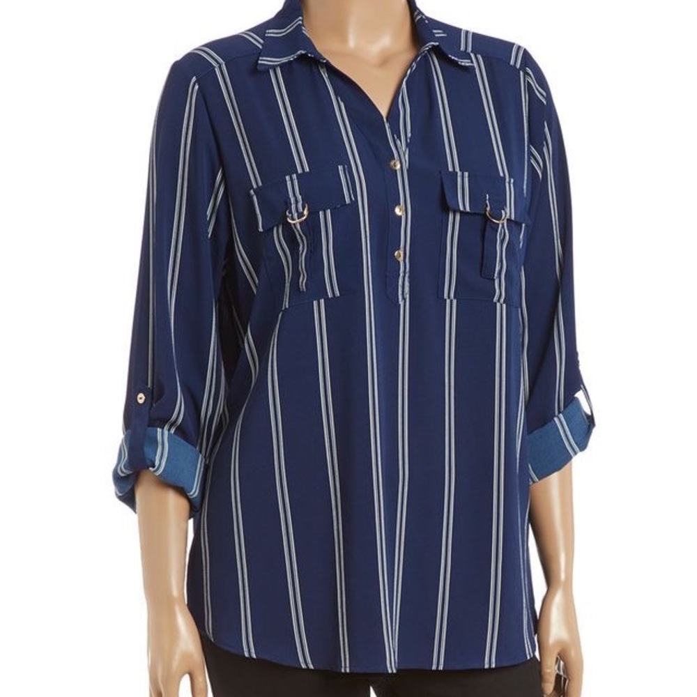 MINE Pinstripe Button Down Blouse With Adjustable Sleeve Length Navy Blue Size M